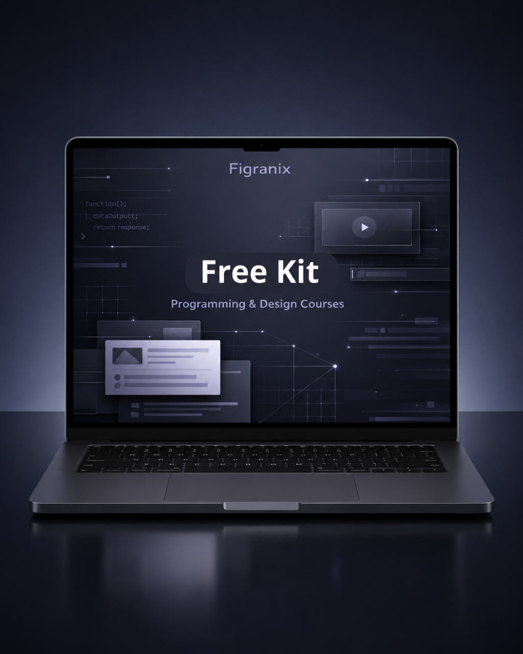 Laptop displaying a free kit for programming and design courses on a dark background