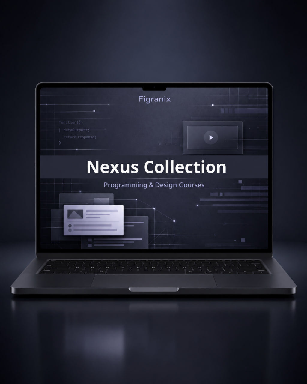 Laptop displaying the Figranix Nexus Collection with programming and design courses on a dark background