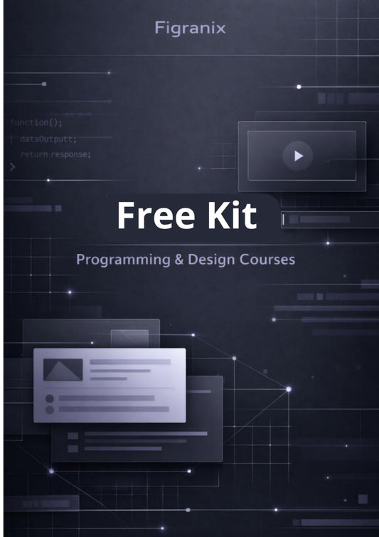 Promotional graphic for Figranix free programming and design courses kit on a dark background with digital elements.