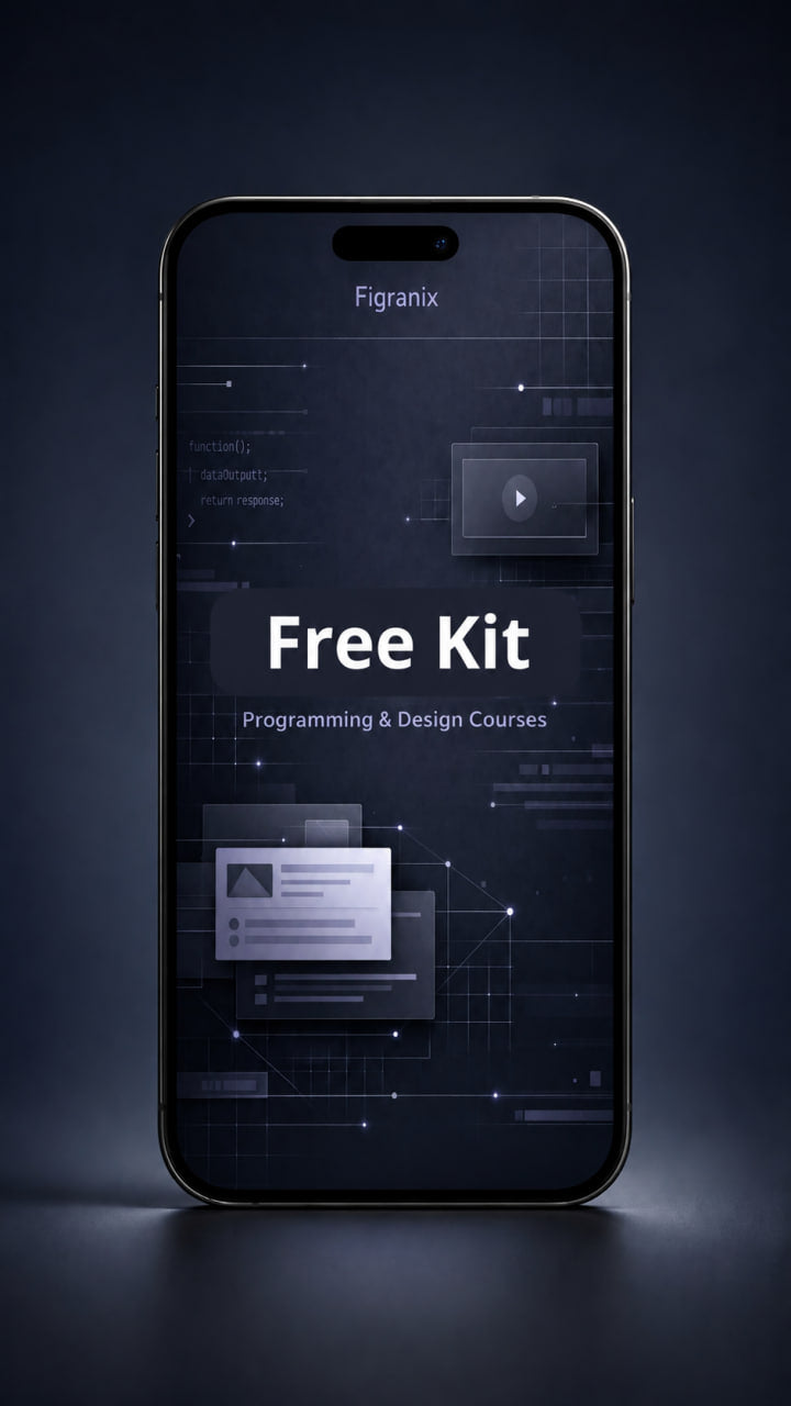 Phone displaying a free kit for programming and design courses on a dark background