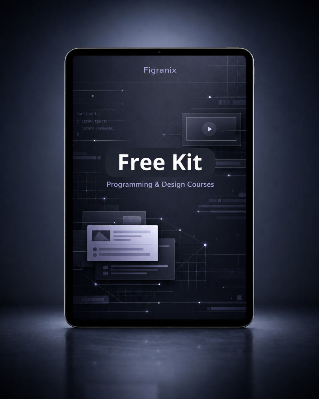 Digital tablet displaying a free kit for programming and design courses on a dark background.
