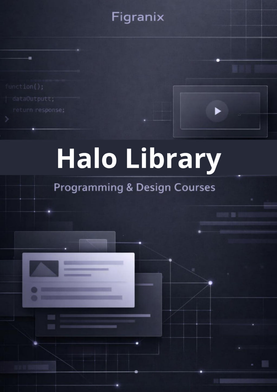 Promotional graphic for Figranix Halo Library with programming and design courses on a dark background.