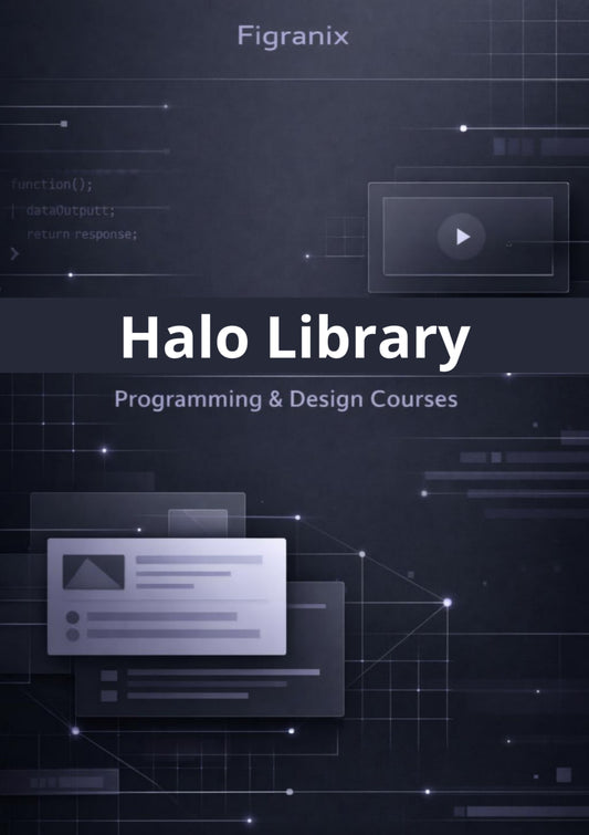 Promotional graphic for Figranix Halo Library with programming and design courses on a dark background.
