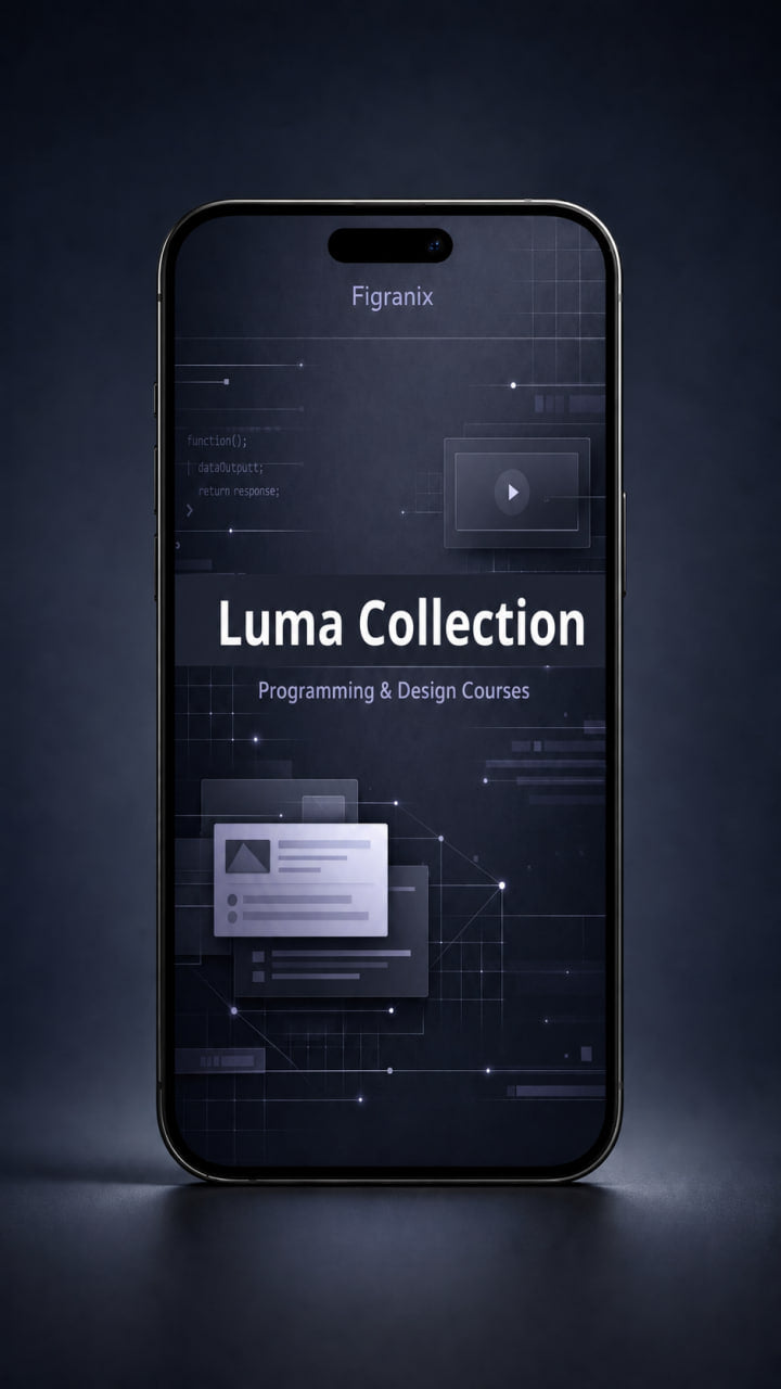 Phone displaying Figranix Luma Collection programming and design courses on a dark background
