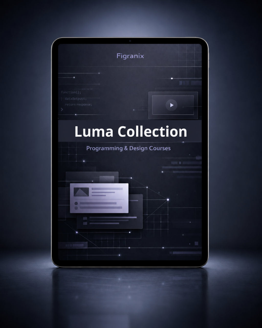 Tablet displaying 'Luma Collection' programming and design courses on a dark background