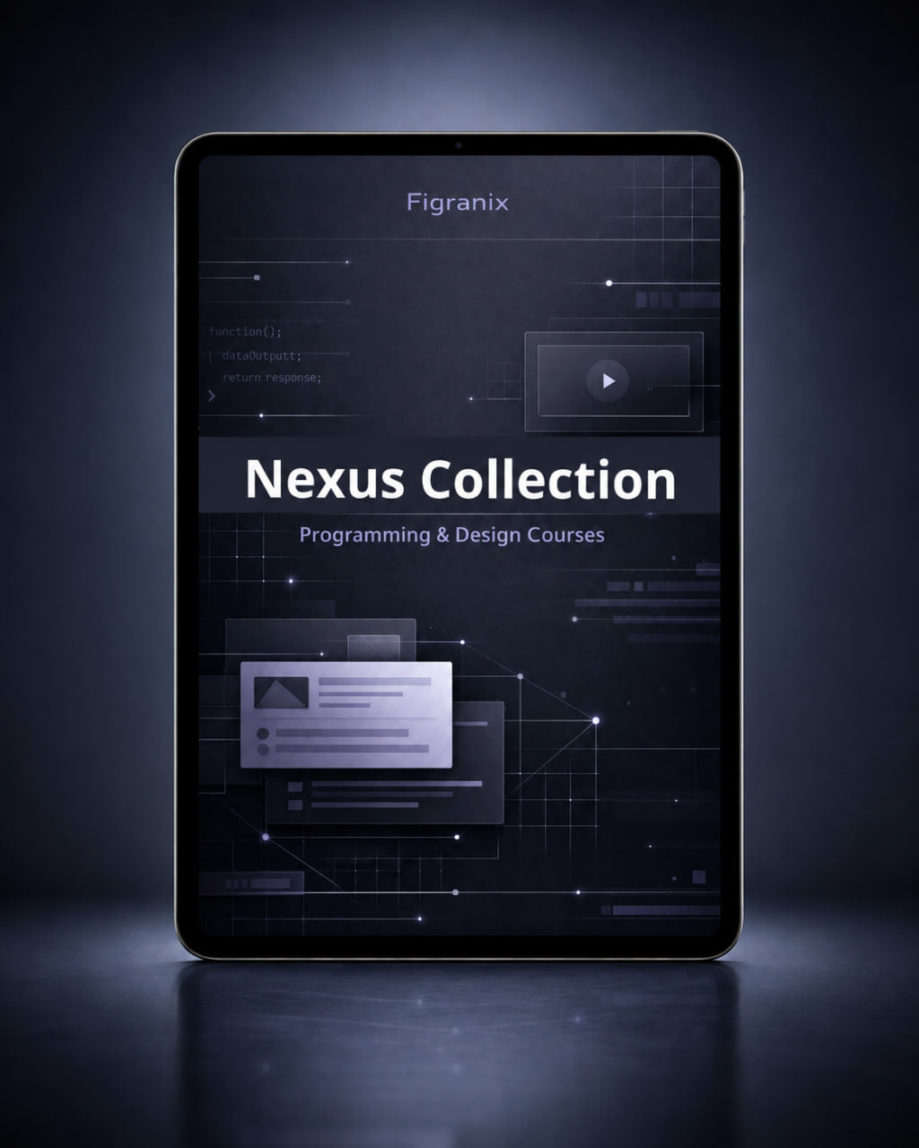 Digital tablet displaying 'Nexus Collection' programming and design courses on a dark background