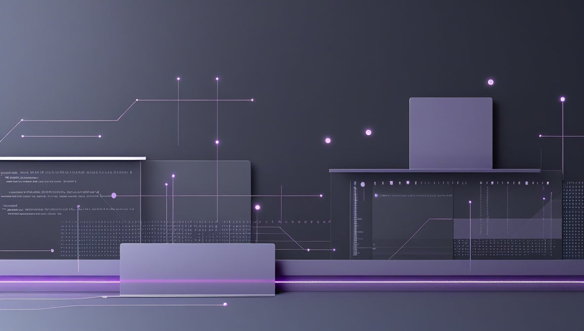Abstract digital landscape with geometric shapes and lines on a dark background