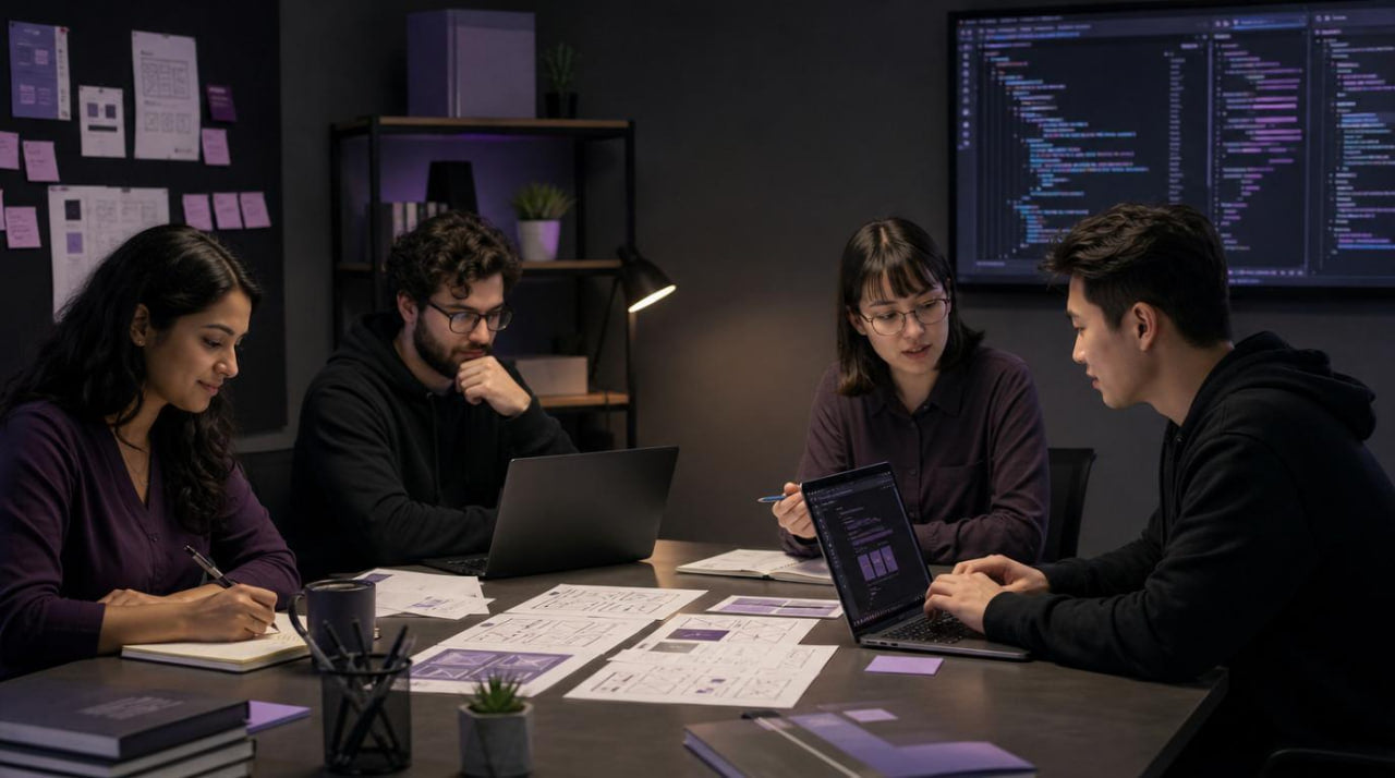 Group of people working together in a dark office setting with computers and documents.