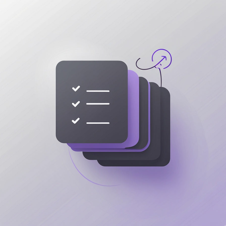 Stack of black and purple square cards with checkmarks on a gradient background