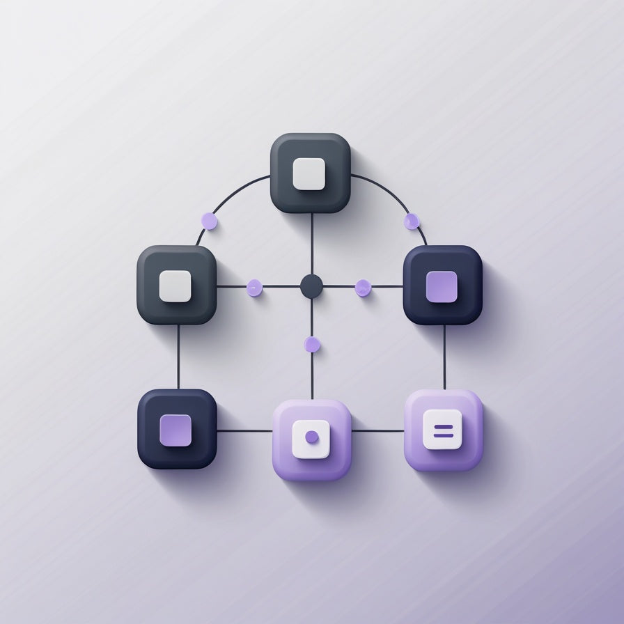 Network of interconnected square nodes with various icons on a light purple background